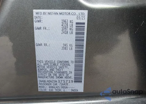 2025 Nissan Altima Sv Fwd from USA, damaged, VIN 1N4BL4DV2SN375719